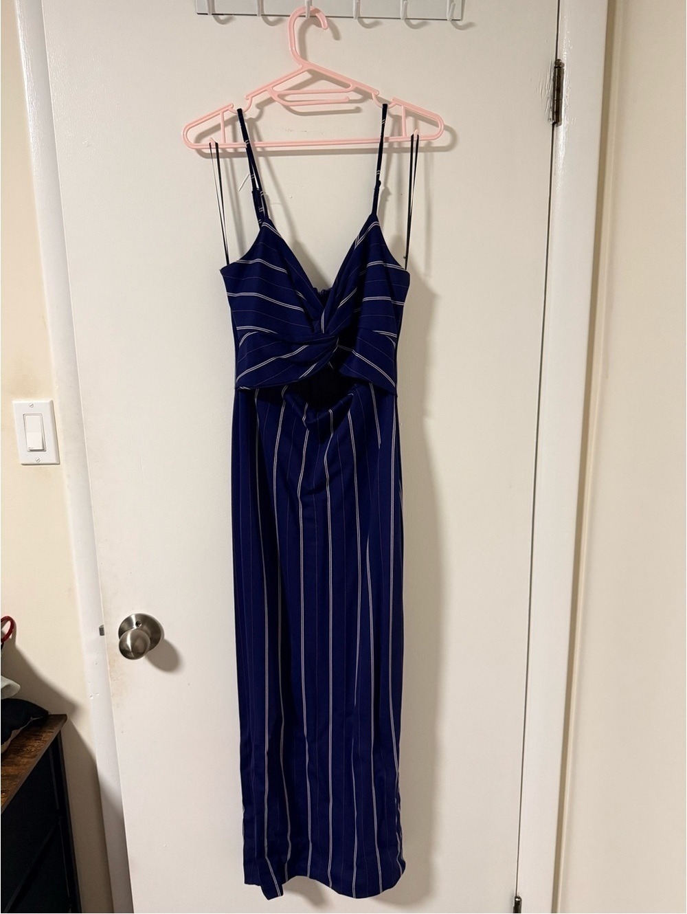 Striped Navy Spaghetti-Strap Maxi Dress with Twist Front and Slit